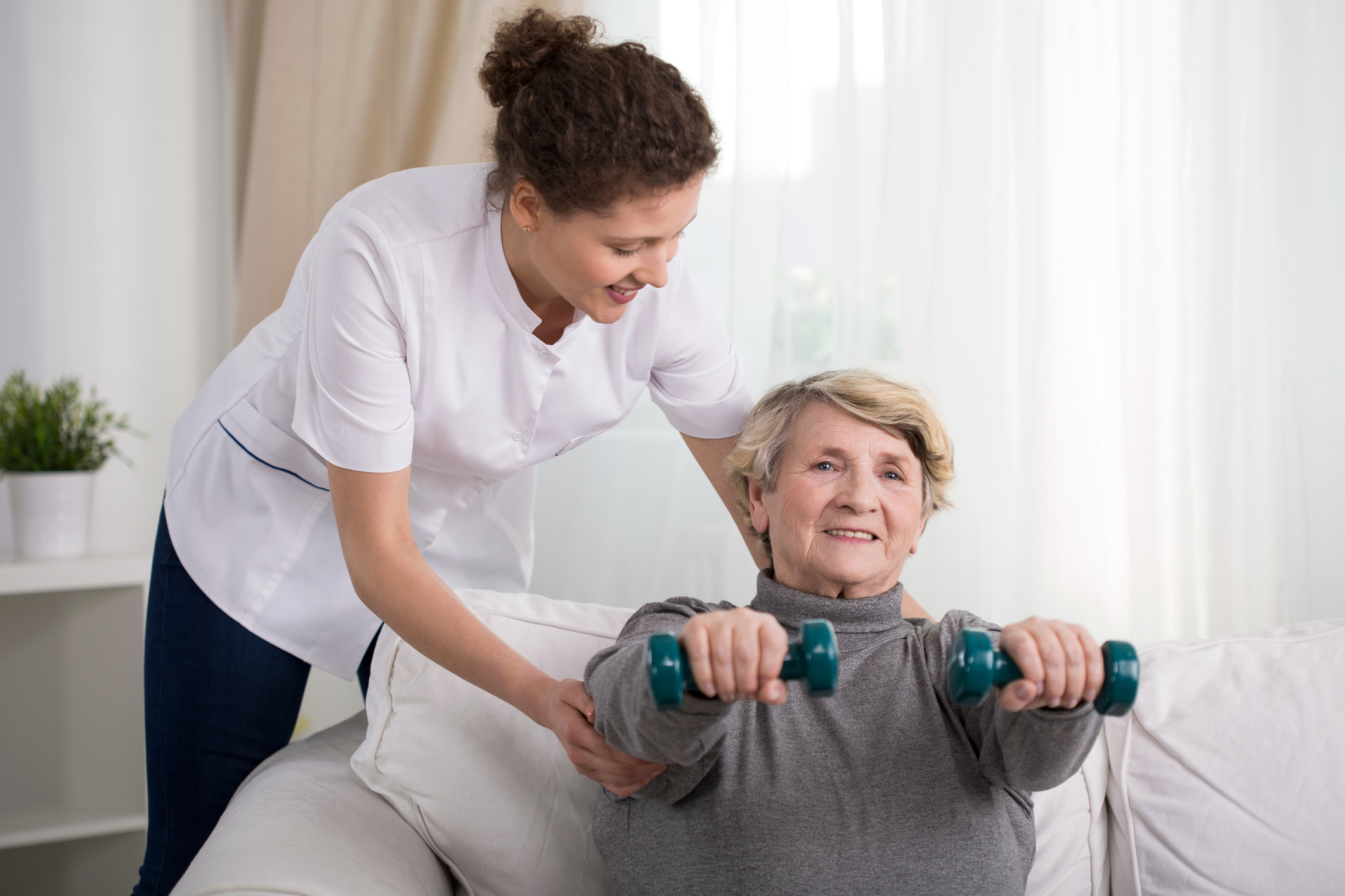 Old woman training at home